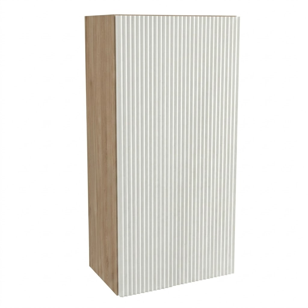 Wisząca szafka łazienkowa Willy 30 cm biały/orzech, z ryflowanym frontem, półką, systemem push-to-open i soft-close