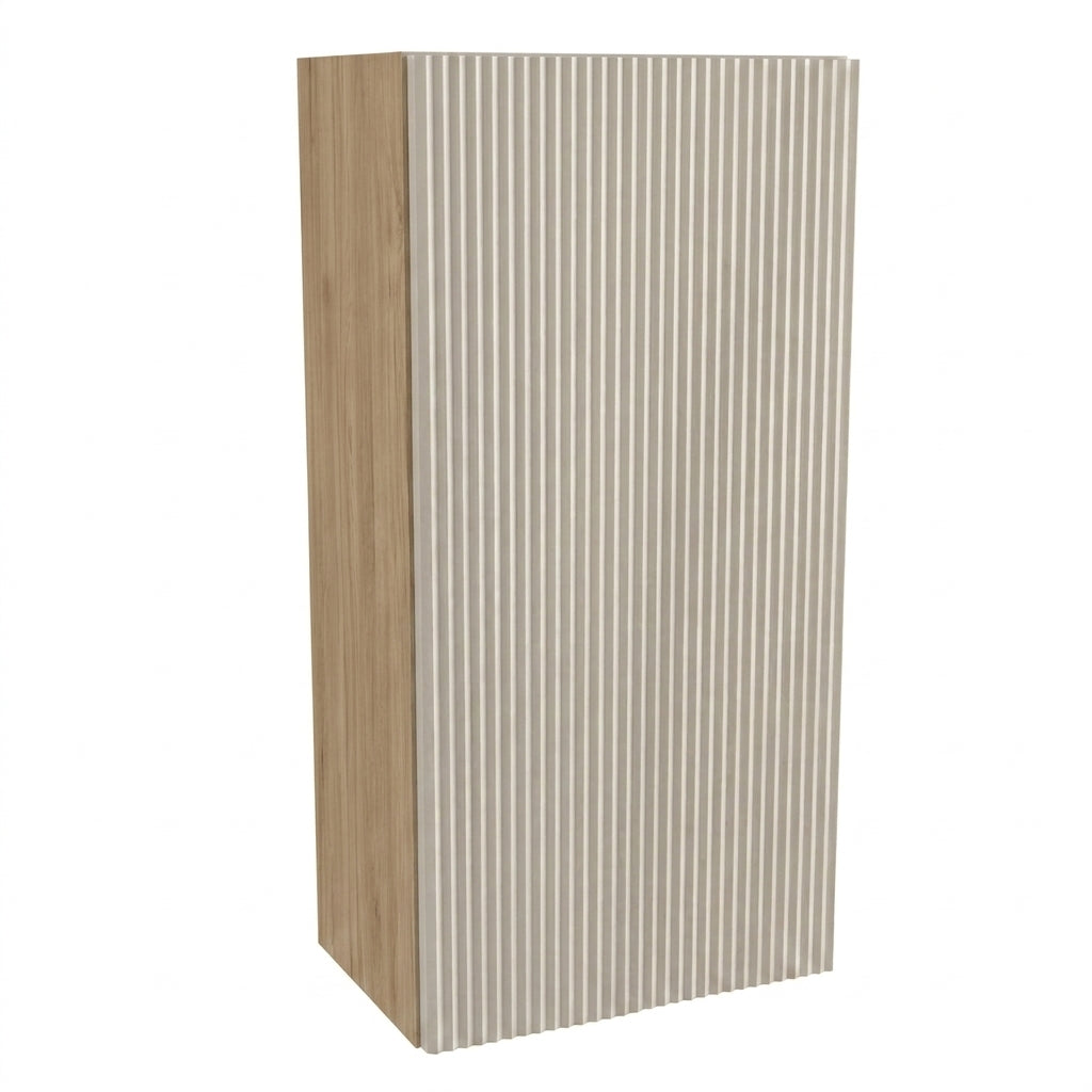 Wisząca szafka łazienkowa Willy 30 cm kaszmir/orzech, z ryflowanym frontem, półką, systemem push-to-open i soft-close