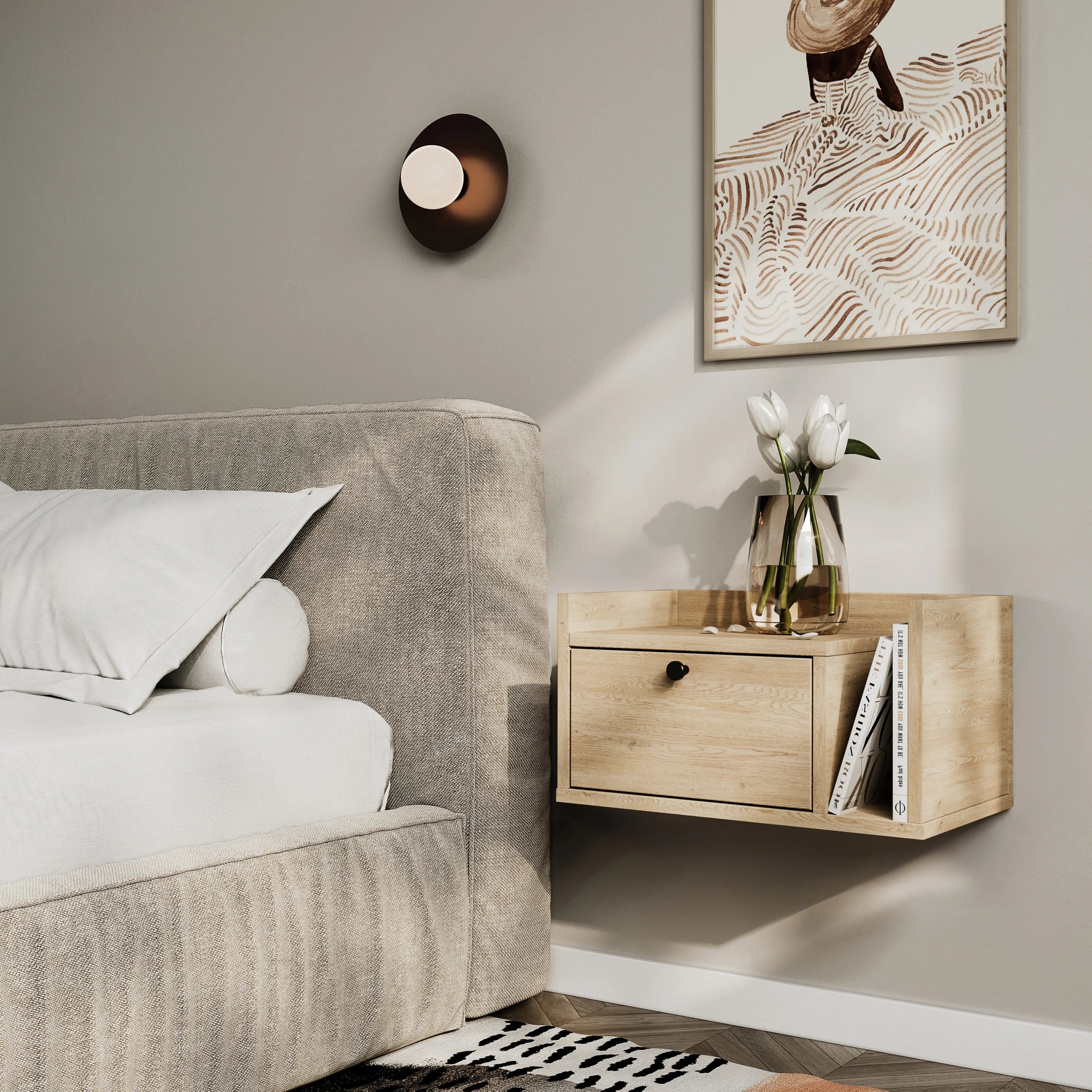 Szafka nocna, wisząca, z szufladą i półką Dąb Cremona z prawej Aura