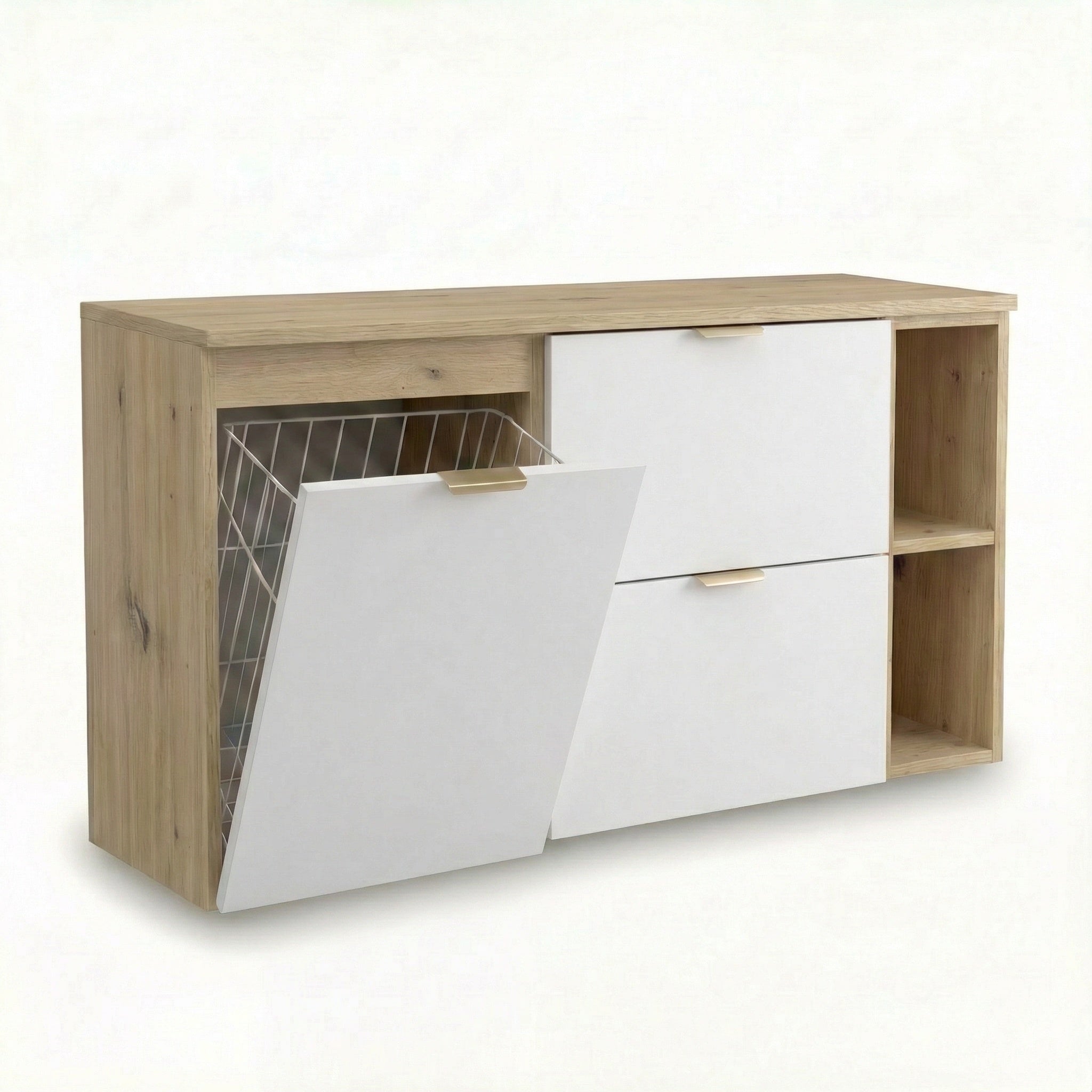 Szafka pod umywalkę z koszem na pranie i regałem 120 cm Biała/Dąb artisan Orio