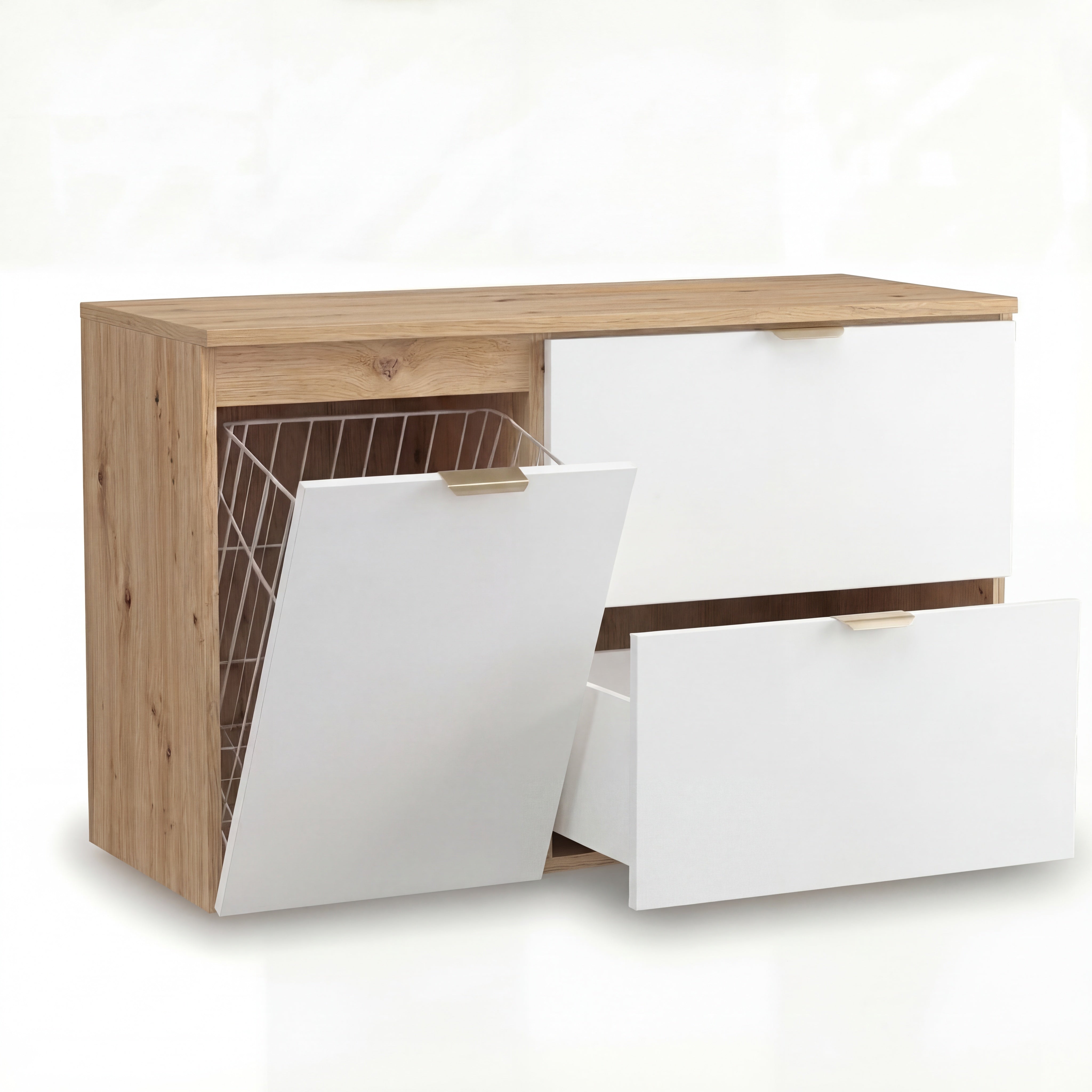 Szafka pod umywalkę 100 cm z koszem na pranie Biała/Dąb artisan Orio