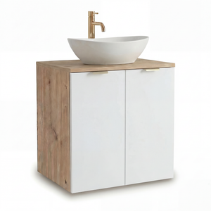 Szafka podumywalkowa Orio 60 cm w kolorze białym z blatem i korpusem w dekorze Dąb Artisan. Model z 2 drzwiami, półką i systemem Soft-Close. Montaż naścienny.