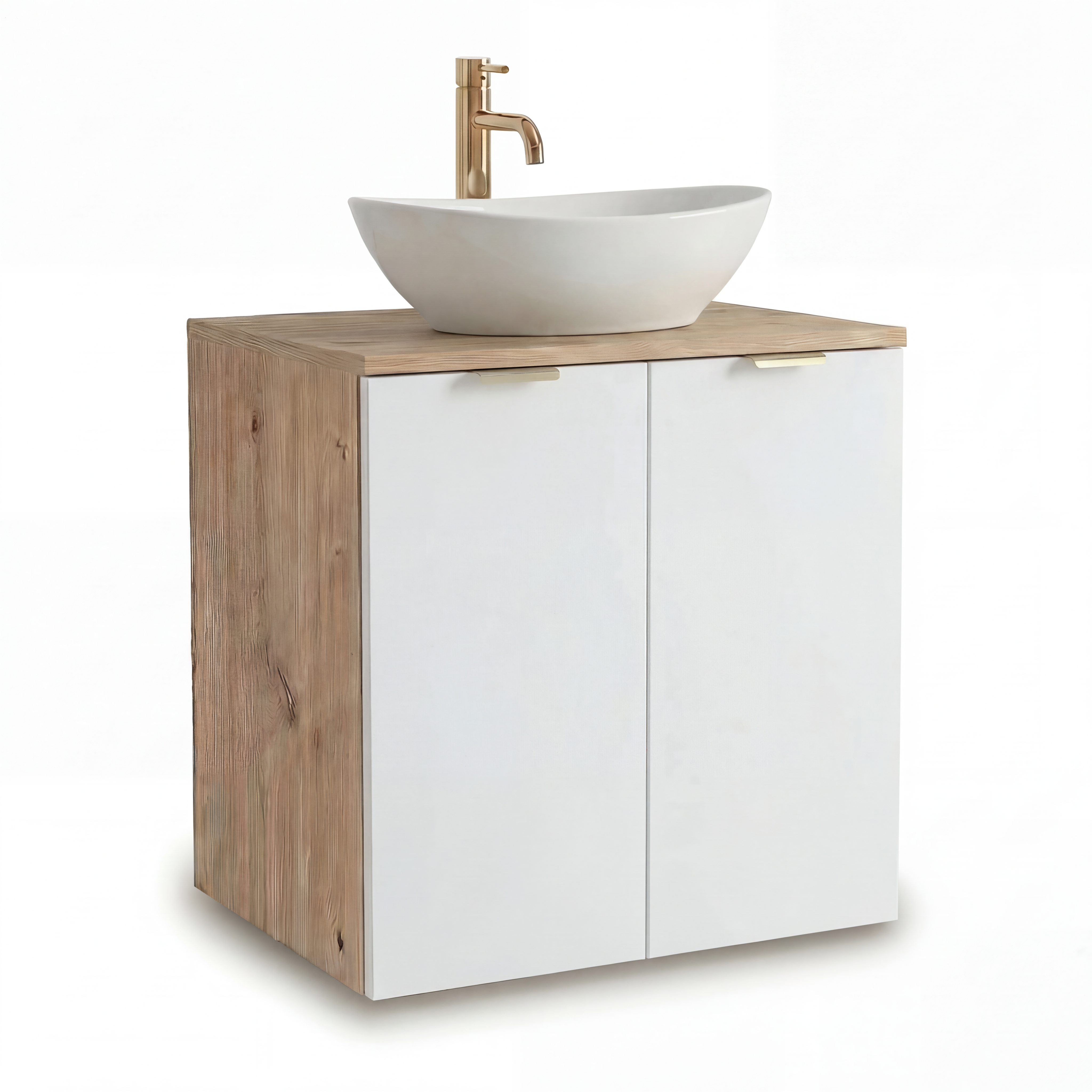 Szafka podumywalkowa Orio 60 cm w kolorze białym z blatem i korpusem w dekorze Dąb Artisan. Model z 2 drzwiami, półką i systemem Soft-Close. Montaż naścienny.