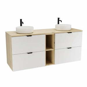 Zestaw mebli łazienkowych Orio 140 cm Biały/Dąb Artisan z dwiema szafkami pod umywalkę 60 cm, 4 szufladami Soft-Close, regałem 20 cm i blatem 140 cm. Białe matowe fronty i dekor Dąb Artisan.