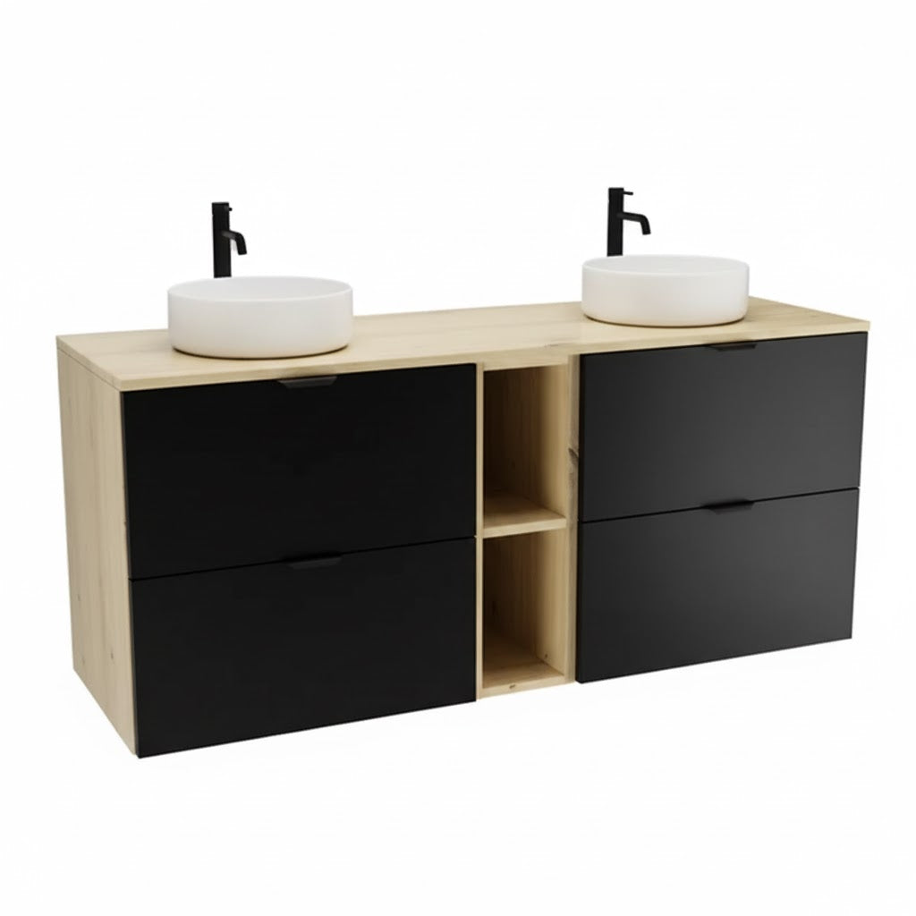 Zestaw mebli łazienkowych Orio 140 cm Czarny/Dąb Artisan z dwiema szafkami pod umywalkę 60 cm, 4 szufladami, regałem 20 cm i blatem 140 cm. Matowe czarne fronty i dekor Dąb Artisan.