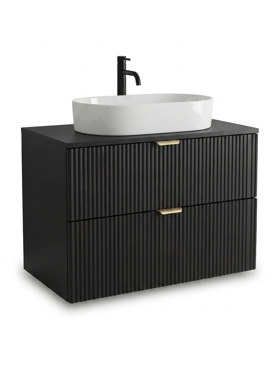 Czarna szafka pod umywalkę 80 cm z 2 szufladami SOFT-CLOSE, wykonana z MDF i płyty laminowanej, z wycięciem na syfon oraz metalowymi uchwytami.