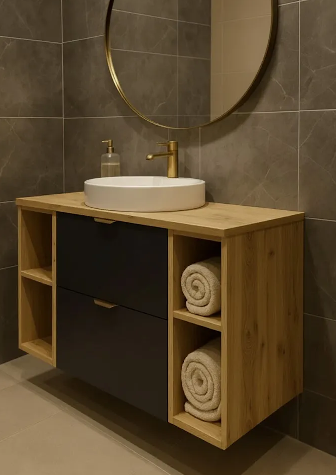 Szafka pod umywalkę 100 cm z 2 regałami, z gładkimi frontami Orio - Czarna/Dąb artisan