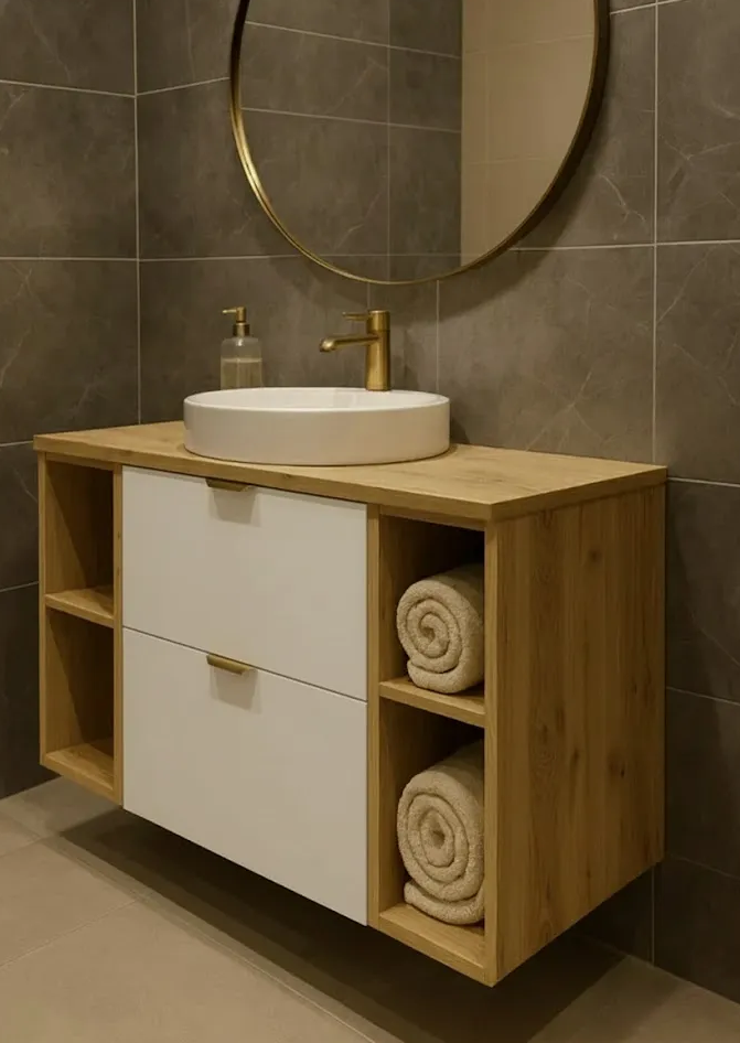 Szafka pod umywalkę 100 cm z 2 regałami, z gładkimi frontami Biała/Dąb artisan Orio