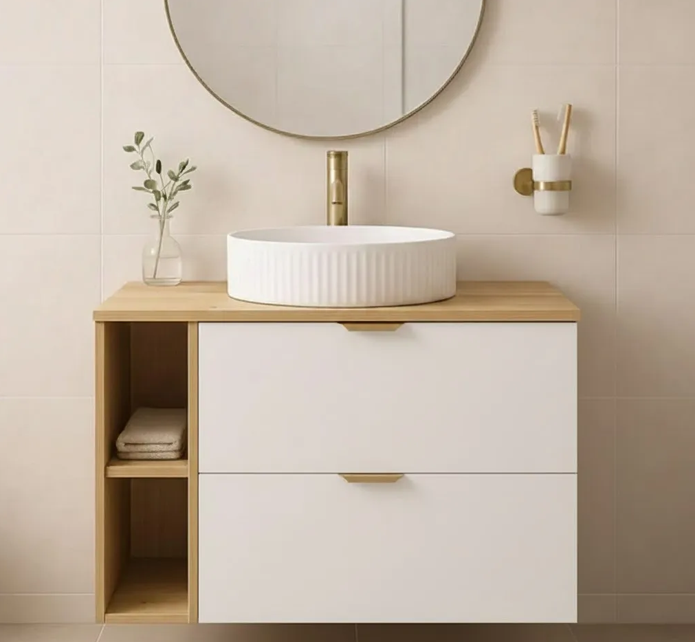 Szafka pod umywalkę 80 cm z regałem, z gładkimi frontami Biała/Dąb artisan Orio