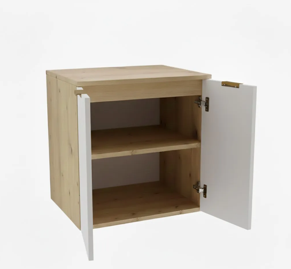 Zestaw łazienkowy: Szafka pod umywalkę z drzwiami 60 cm z umywalką Orio - Biały/Dąb Artisan