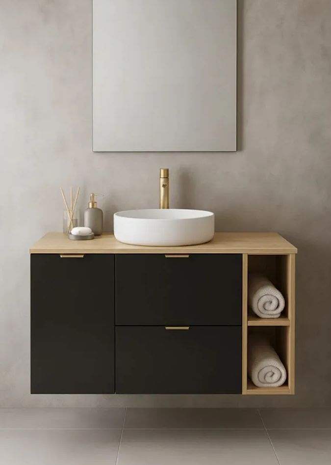 Szafka pod umywalkę z koszem na pranie i regałem 120 cm Czarna/Dąb artisan Orio