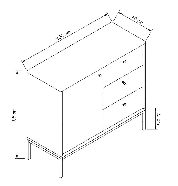 Komoda wąska 100 cm, 1 drzwi, 3 szuflady, na metalowym stelażu Dąb Cremona Gaja