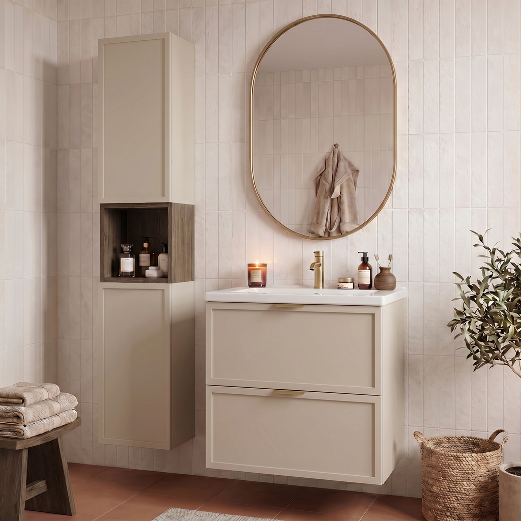 Słupek łazienkowy 150 cm, 2 drzwi, półki i regał Roma - Kaszmir/Orzech Ciemny