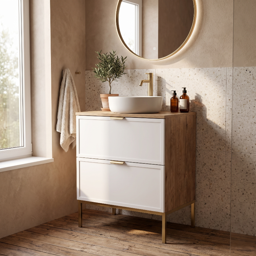Szafka pod umywalkę na stelażu 60 cm, 2 szuflady Roma - Biały/Dąb Cremona