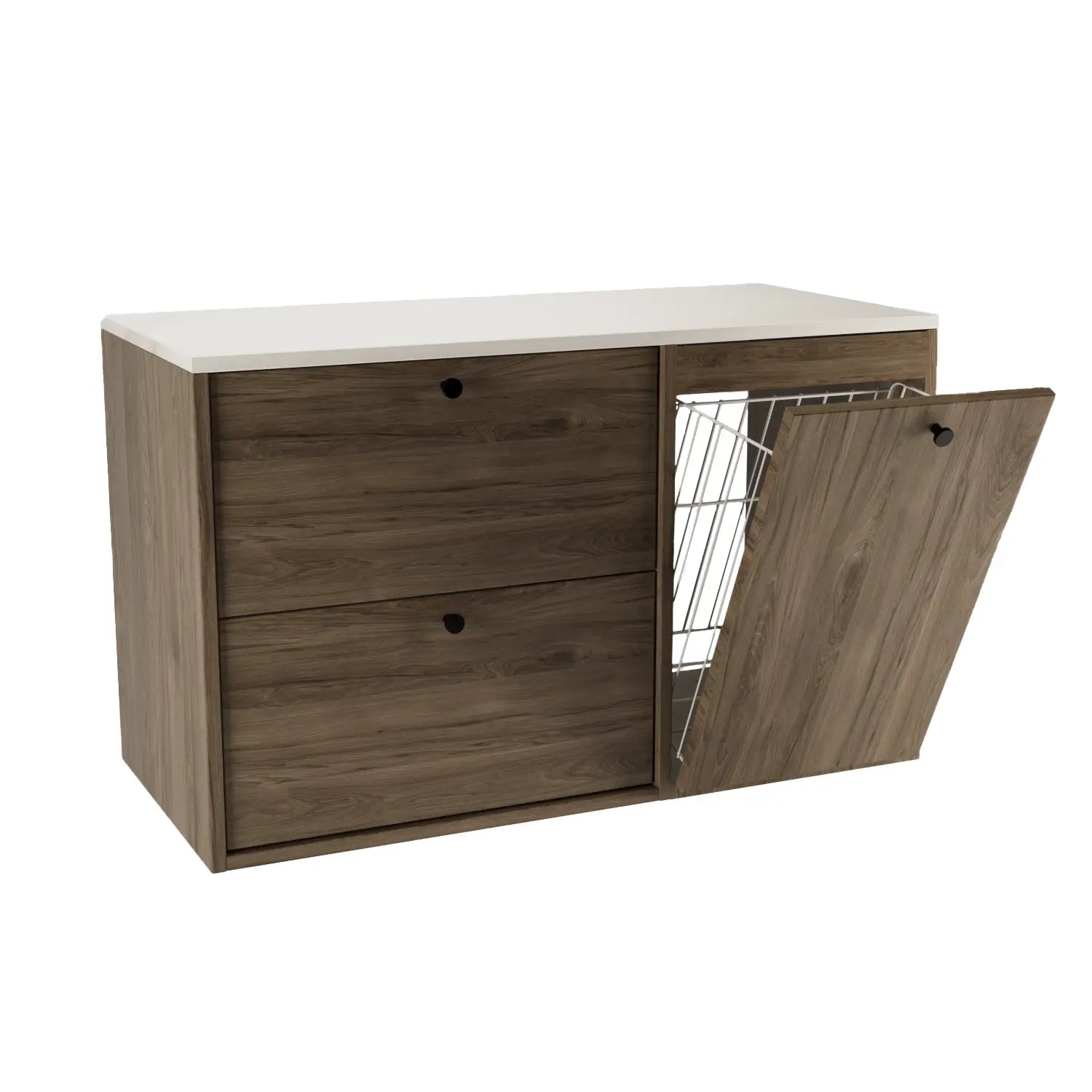 Szafka pod umywalkę 100 cm z koszem na pranie Belino - Ciemny Orzech/Marmur Bianco blat