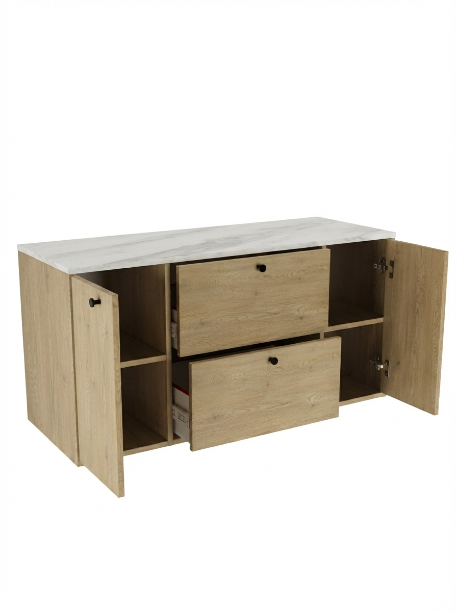 Szafka pod umywalkę z 2 drzwiami i 2 szufladami 120 cm Belino - Dąb Cremona/Marmur Bianco blat