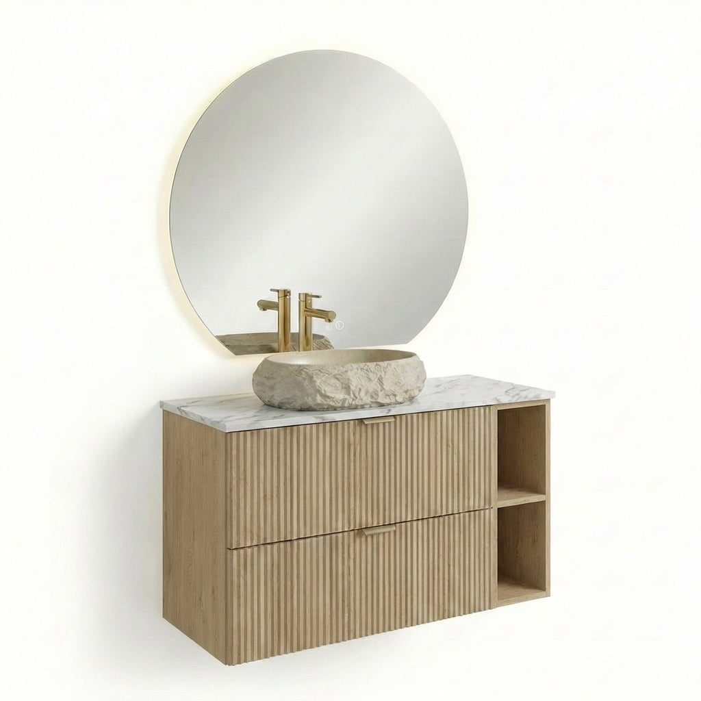 Zestaw mebli łazienkowych: Szafka z 2 szufladami z umywalką, lustro LED Dąb Cremona Willy