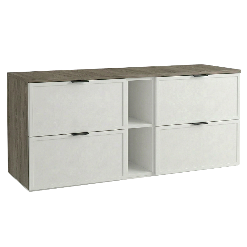 Szafka pod umywalkę 140 cm biała orzech ciemny Roma z regałem łazienkowa MDF soft close białe fronty ciemny orzech