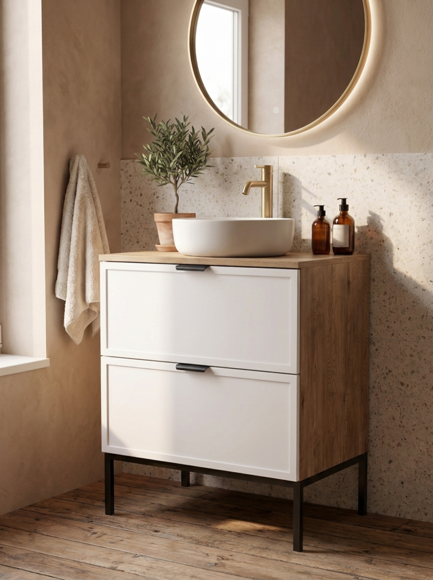 Szafka pod umywalkę na stelażu 60 cm, 2 szuflady Roma - Biały/Dąb Cremona