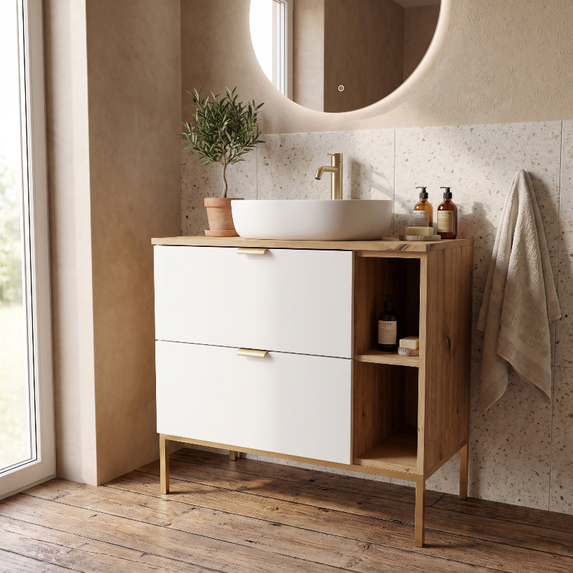 Szafka pod umywalkę na stelażu 80 cm z regałem Orio - Biały/Dąb artisan