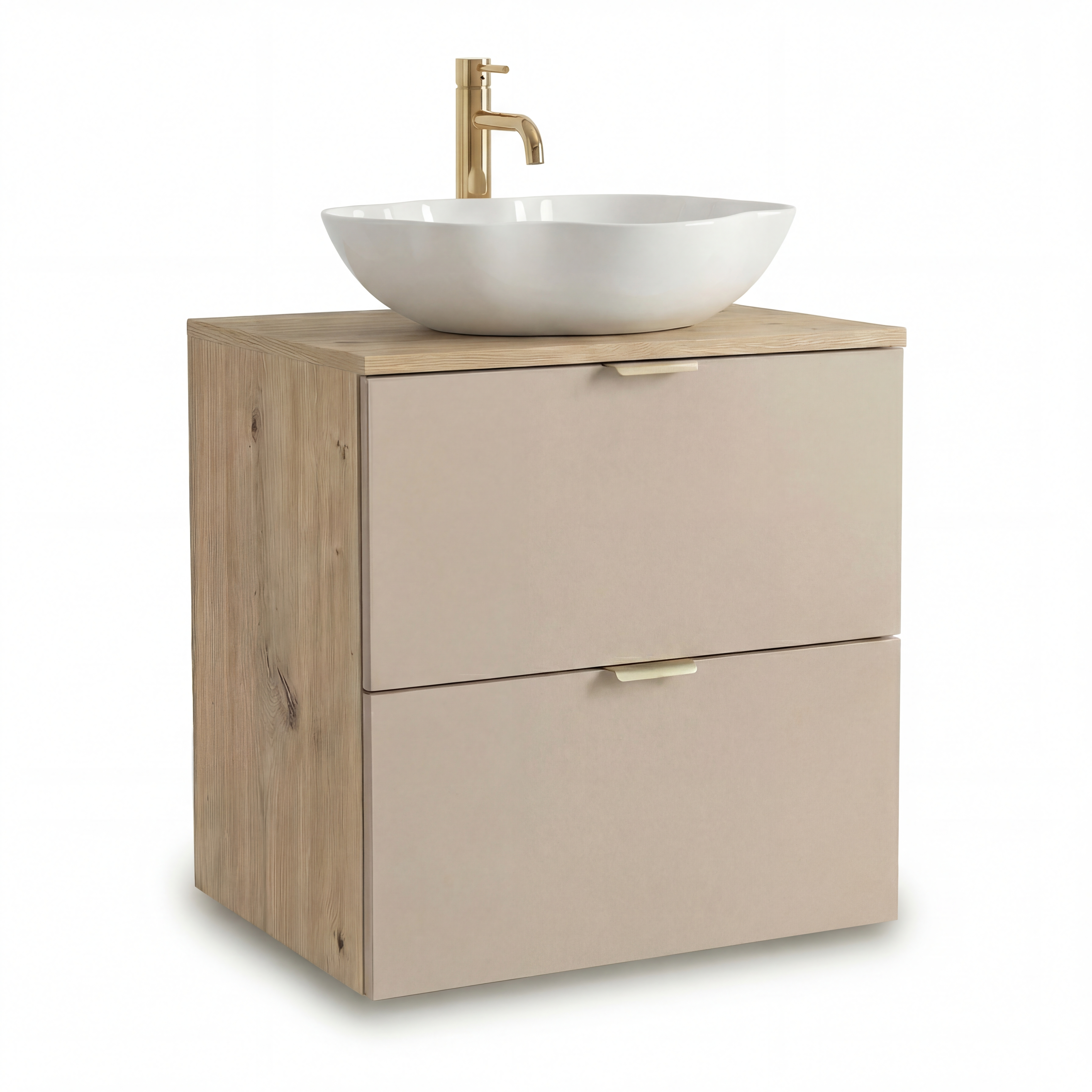Zestaw łazienkowy z umywalką: Szafka pod umywalkę 60 cm z szufladami - Kaszmir/Dąb Artisan