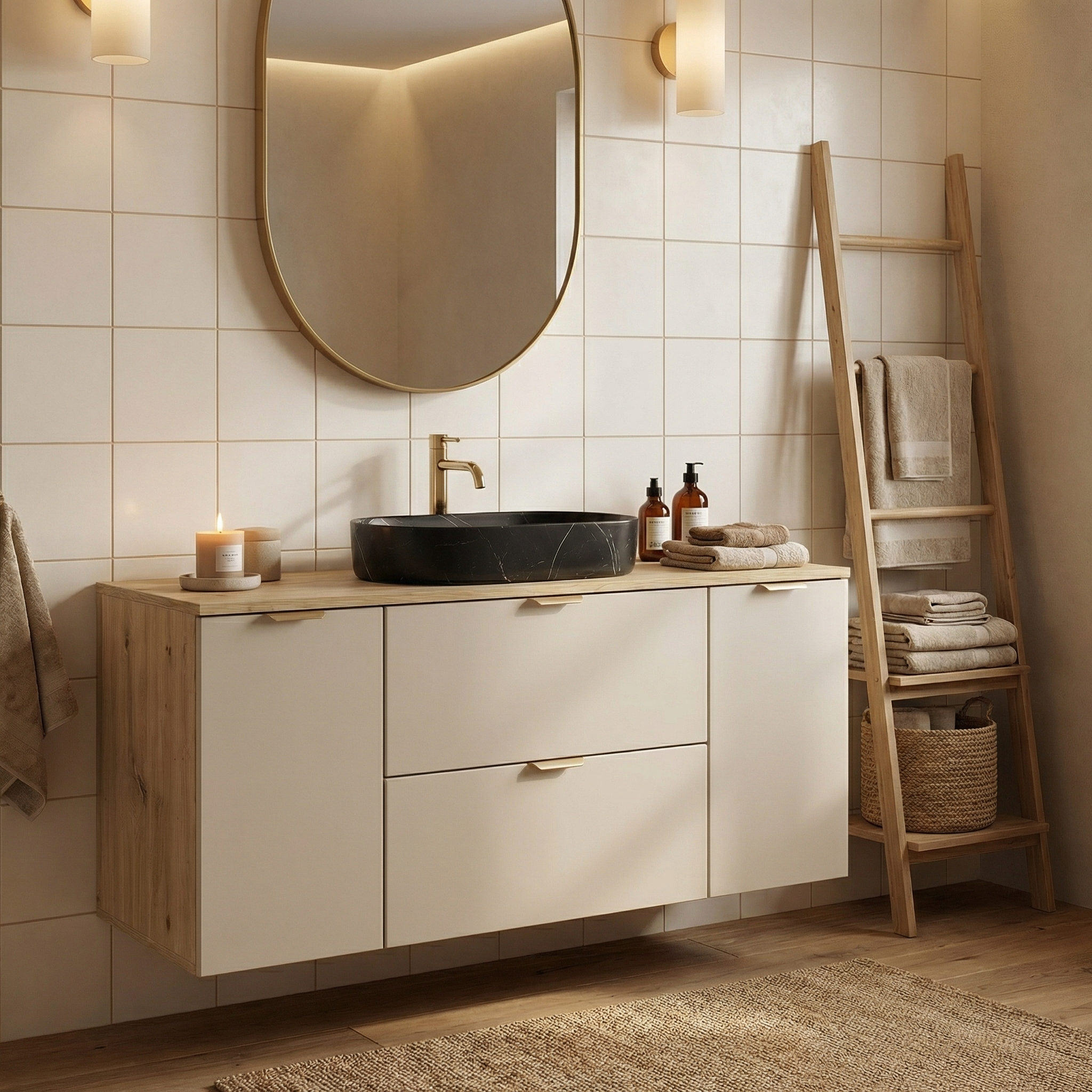 Zestaw łazienkowy z umywalką: Szafka 120 cm 2 szuflady 2 drzwi - Kaszmir/Dąb Artisan Orio