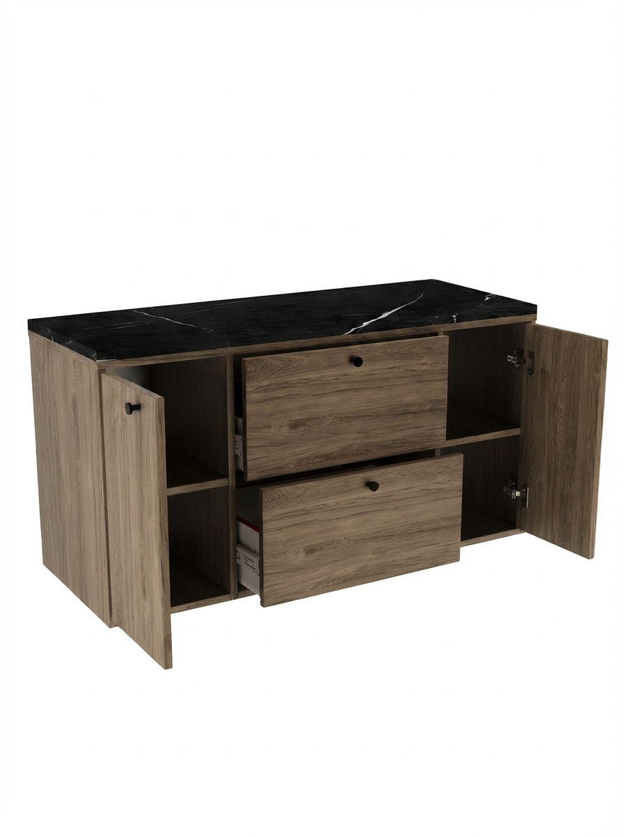 Szafka pod umywalkę z 2 drzwiami i 2 szufladami 120 cm Belino - Ciemny Orzech/Marmur Czarny blat