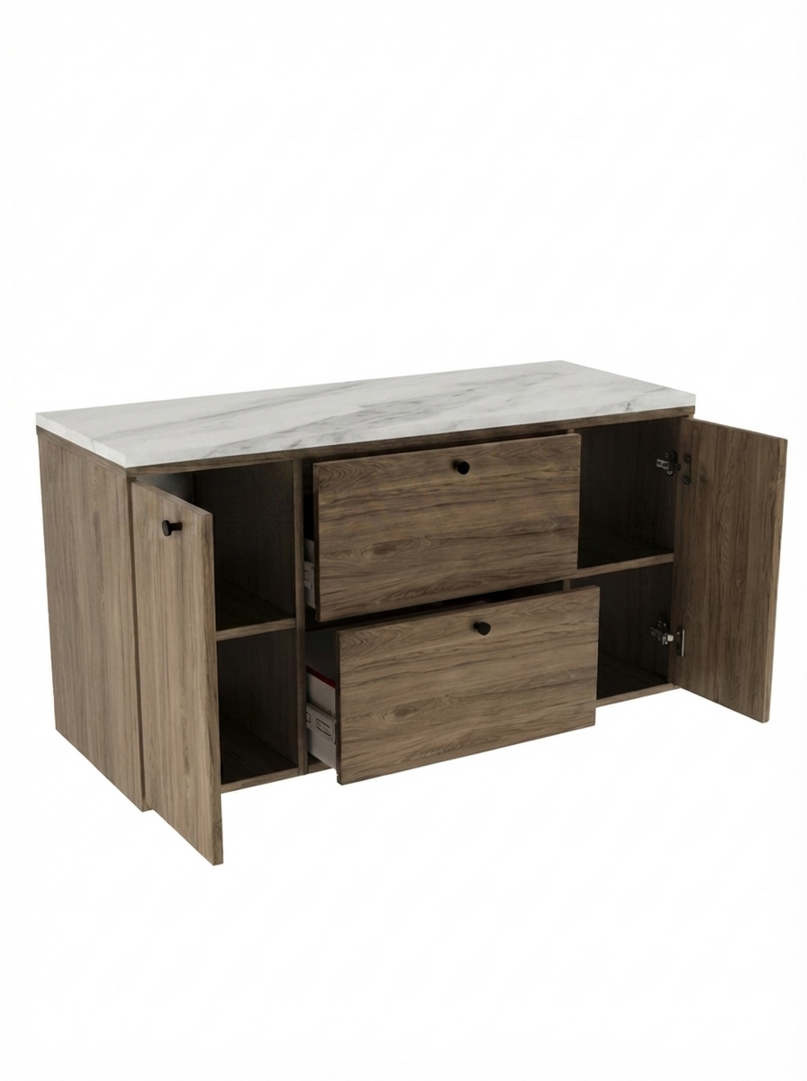 Szafka pod umywalkę z 2 drzwiami i 2 szufladami 120 cm Belino - Ciemny Orzech/Marmur Bianco blat