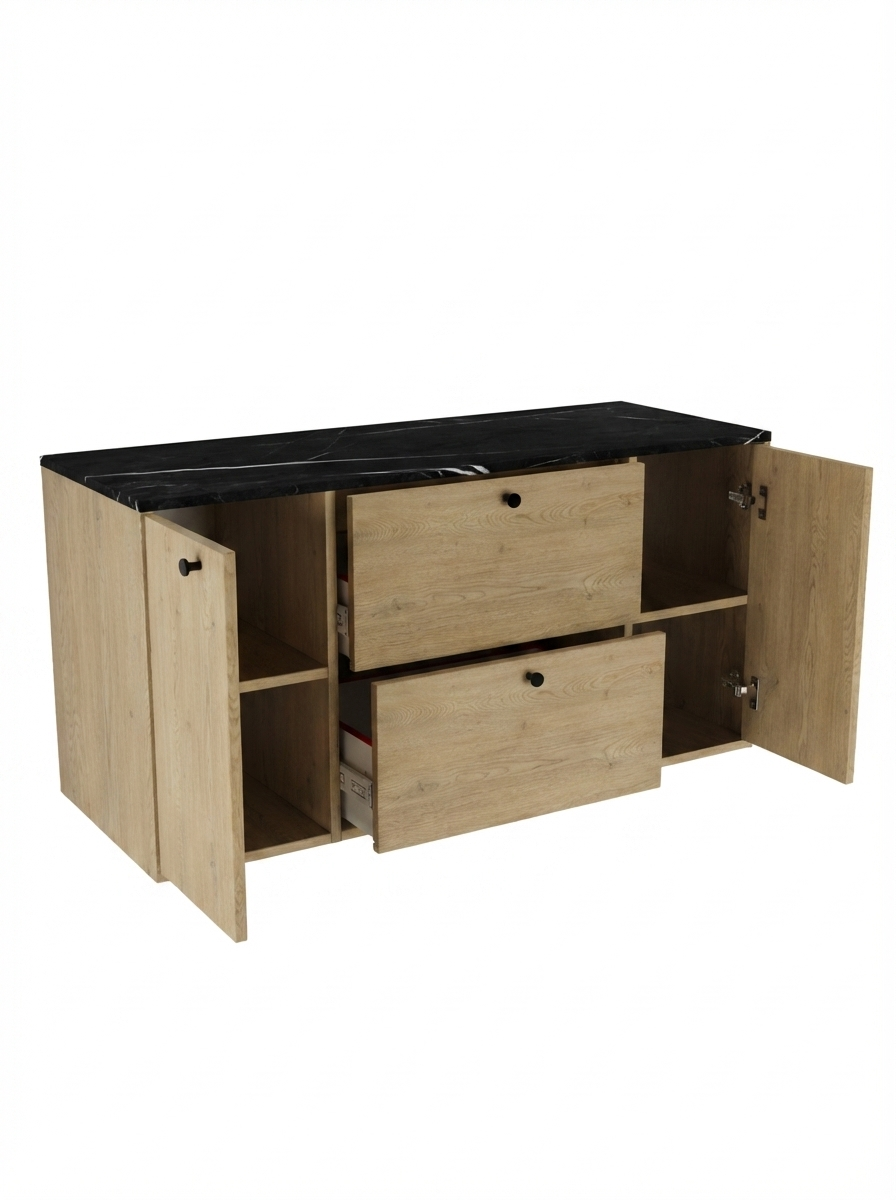 Szafka pod umywalkę z 2 drzwiami i 2 szufladami 120 cm Belino - Dąb Cremona/Marmur Czarny blat
