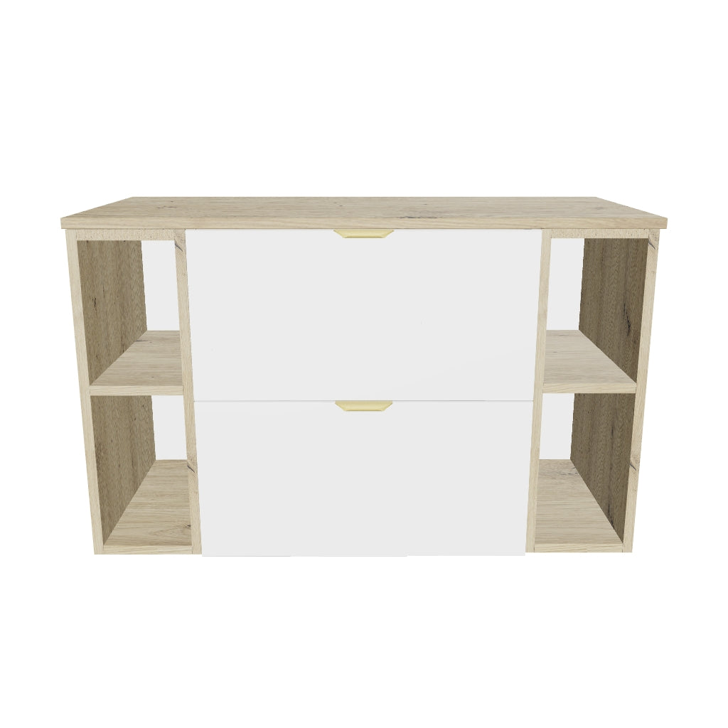 Szafka pod umywalkę 100 cm z 2 regałami, z gładkimi frontami Orio - Biała/Dąb artisan