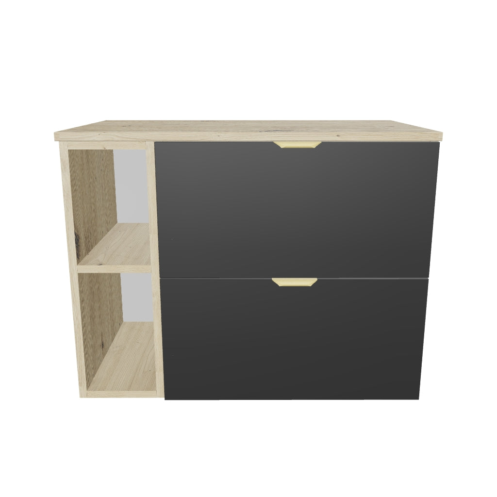 Szafka pod umywalkę 80 cm z regałem, z gładkimi frontami Orio - Czarna/Dąb artisan