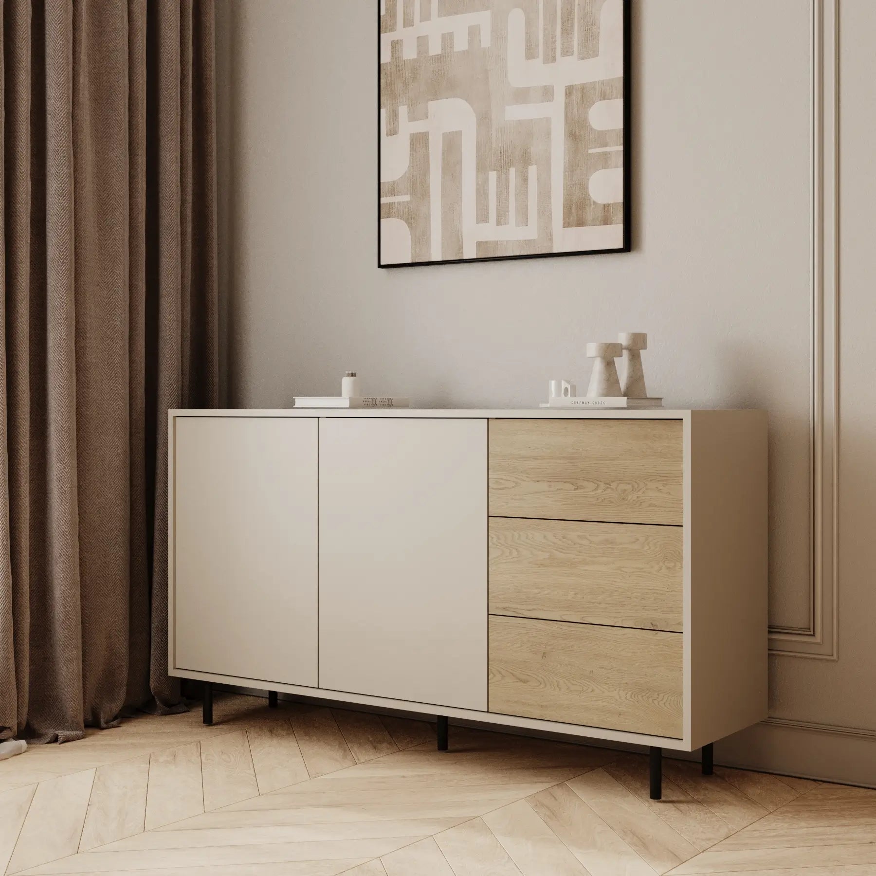 Kommode Lola – Kaschmir/Eiche, 2 Türen, 3 Schubladen, modernes Sideboard für Wohnzimmer oder Schlafzimmer.