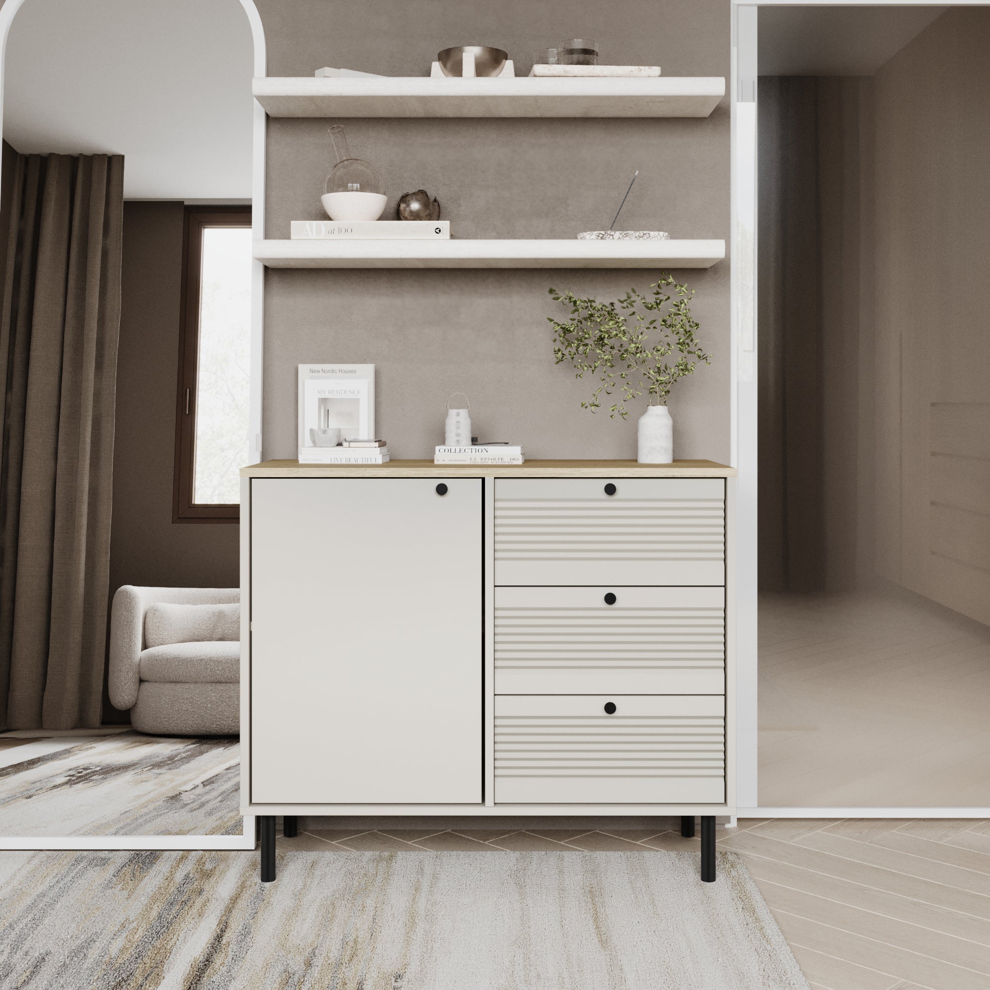 Moderne Kommode 100 cm breit in Kaschmir – 1 Tür mit glatter Front und 3 Schubladen mit stilvoll geriffelten Fronten. Ideal für Wohnzimmer, Schlafzimmer oder Flur. Design-Kommode Linea für stilvolle Aufbewahrung mit Eleganz und Funktionalität.