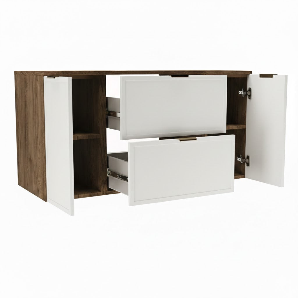 Szafka pod umywalkę z drzwiami i szufladami 120 cm Roma - Biały/Ciemny Orzech