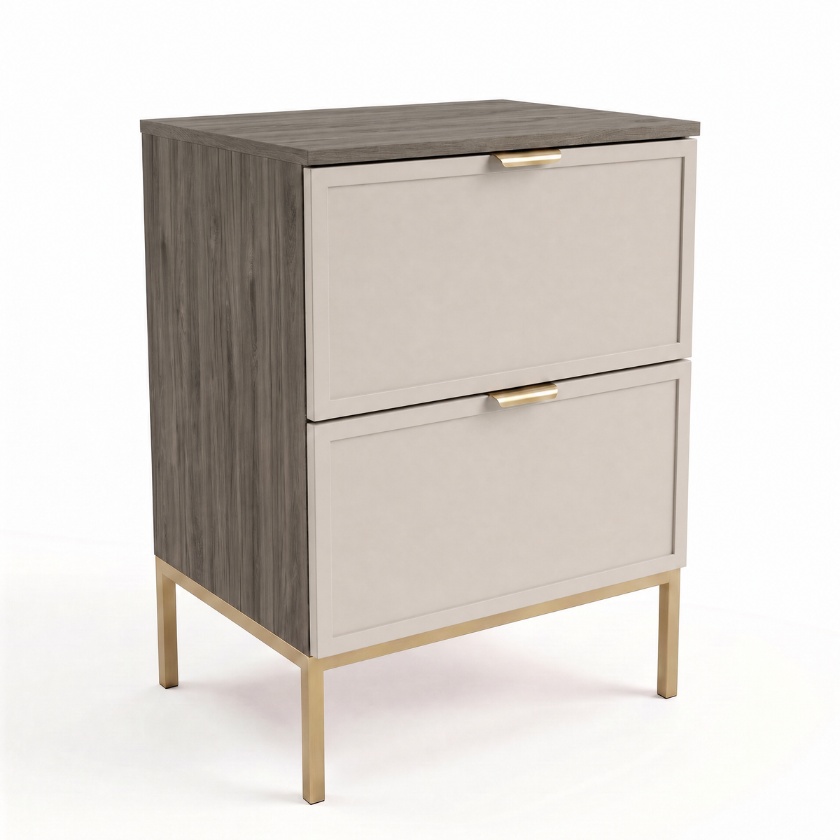 Szafka pod umywalkę Roma 60 cm Kaszmir/Orzech Ciemny na metalowym stelażu z dwiema szufladami SOFT-CLOSE. Eleganckie fronty z dekoracyjną ramką, ciepła kolorystyka oraz naturalny dekor drewna tworzą stylowy mebel do nowoczesnej łazienki.