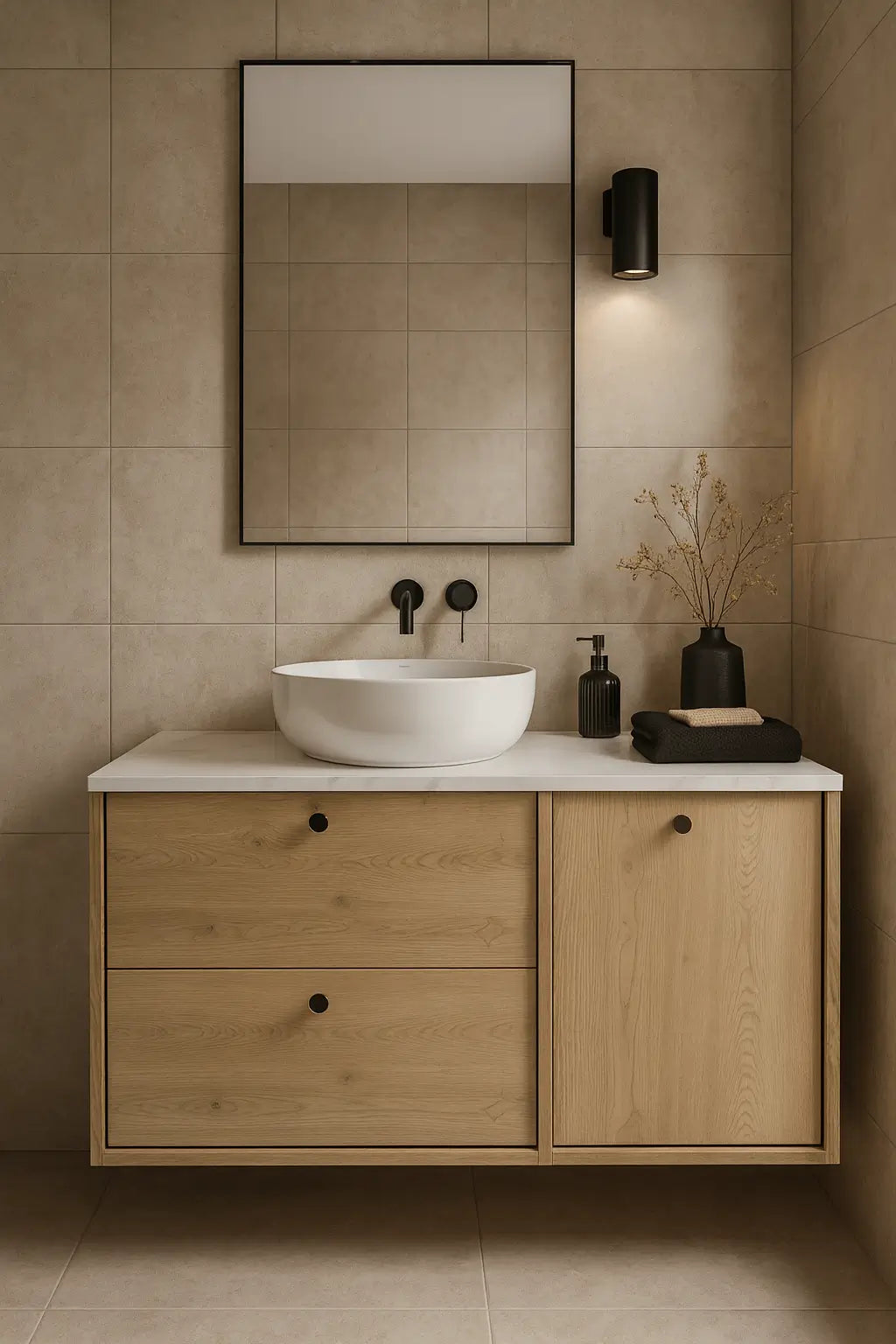 Szafka pod umywalkę 100 cm z koszem na pranie Belino - Dąb Cremona/Marmur Bianco blat