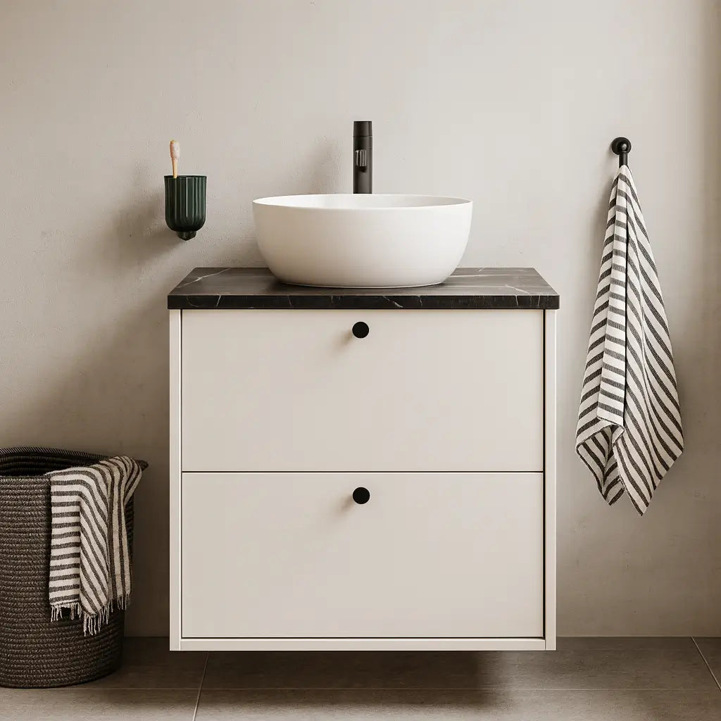 Szafka łazienkowa pod umywalkę 60 cm Belino Kaszmir/Marmur Czarny blat