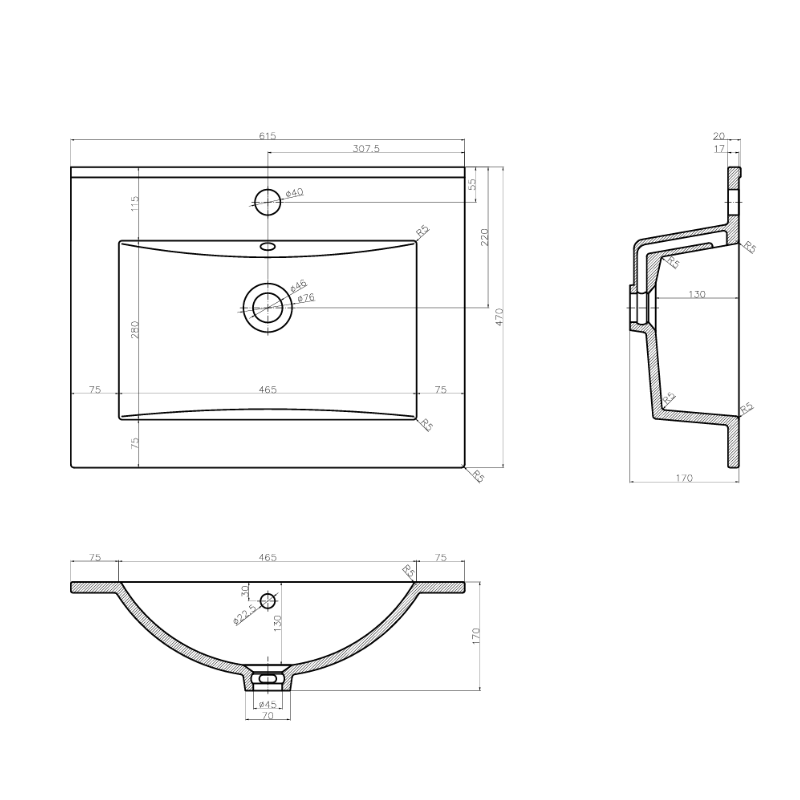 Umywalka ceramiczna 60 cm Biała wpuszczana