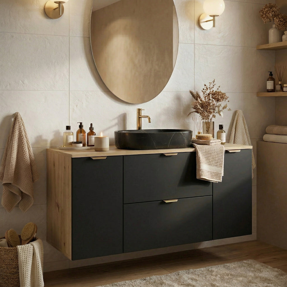 Szafka pod umywalkę 2 drzwi 2 szuflady 120 cm Orio - Czarna/Dąb artisan – zdjęcie 3